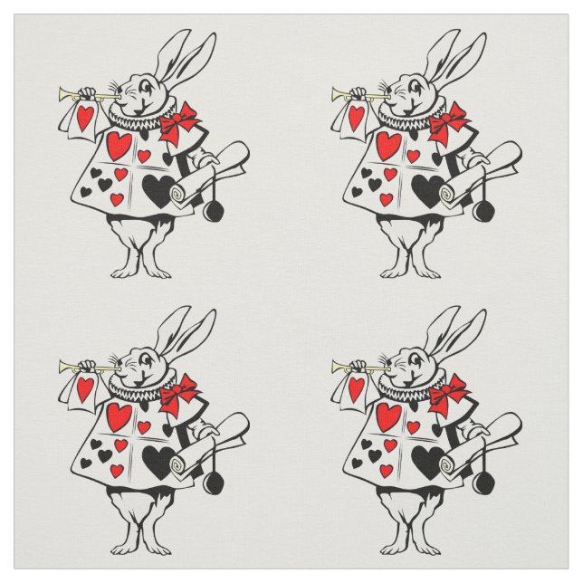 Alice in Wonderland White Rabbit Red Black Hearts Fabric (Swatch)