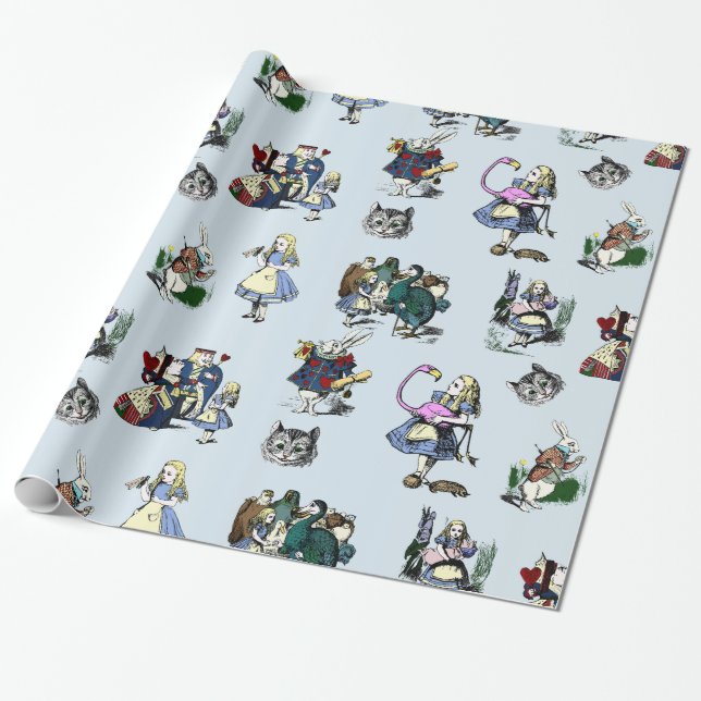 Alice in Wonderland White Rabbit & Red Queen Cat Wrapping Paper (Unrolled)