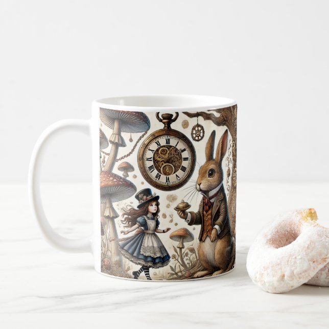 Alice in Wonderland White Rabbit tea Art Coffee Mug (With Donut)