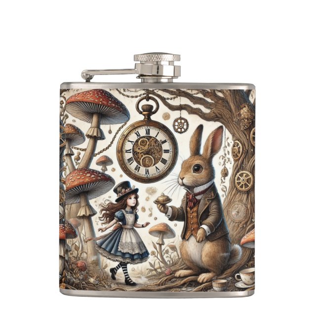Alice in Wonderland White Rabbit tea Art Hip Flask (Front)