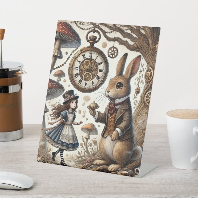 Alice in Wonderland White Rabbit tea Art Pedestal Sign (In SItu)