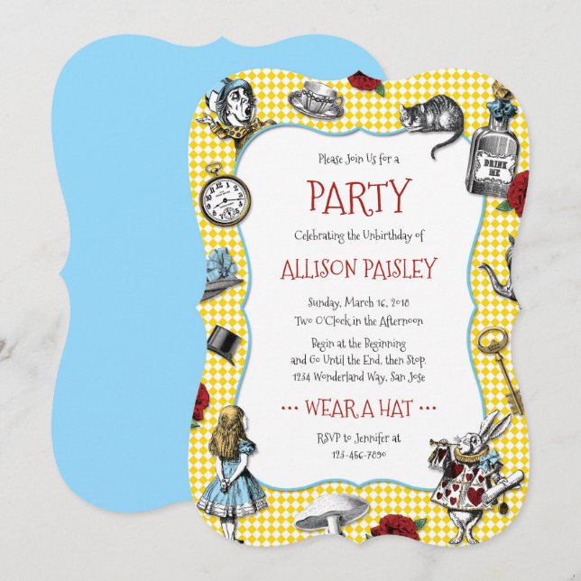 Alice in Wonderland Yellow Check Party Invitation (Front/Back)