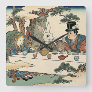 Alice Lost in Japan   Ukiyo-e Mad Tea Party Square Wall Clock