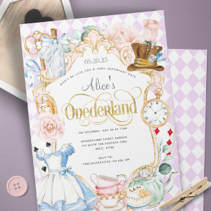Alice mad hatter wonderland tea party 1st birthday invitation