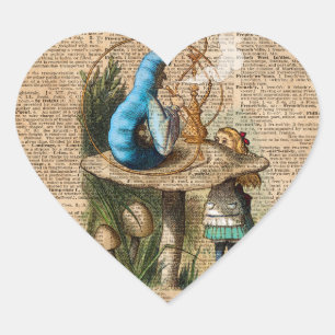 Alice,Mushroom and Jin,Vintage Dictionary Art Heart Sticker