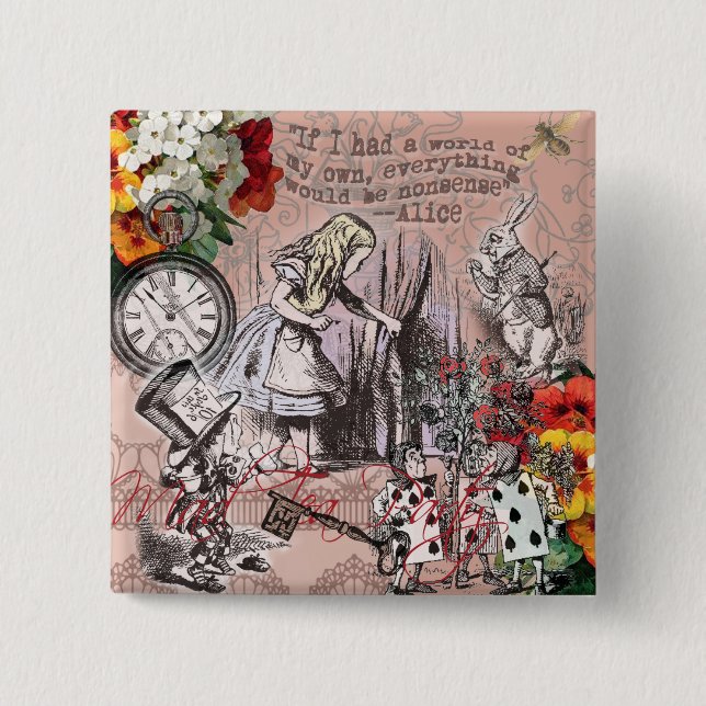 Alice nonsense curtain wonderland 2 inch square button (Front)