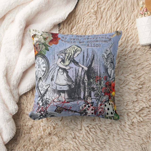 Alice nonsense curtain wonderland - Blue Throw Pillow (Blanket)