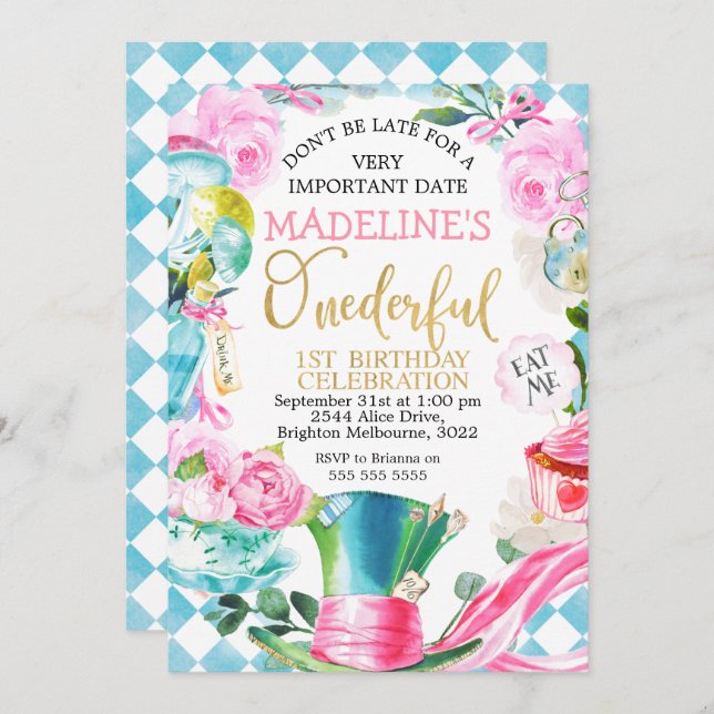 Alice Onederful 1er anniversaire Invitation (Devant / Derrière)