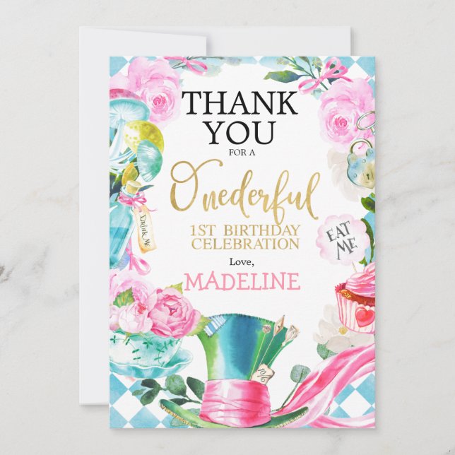 Alice Onederful 1st Birthday Thank You Card (Front)
