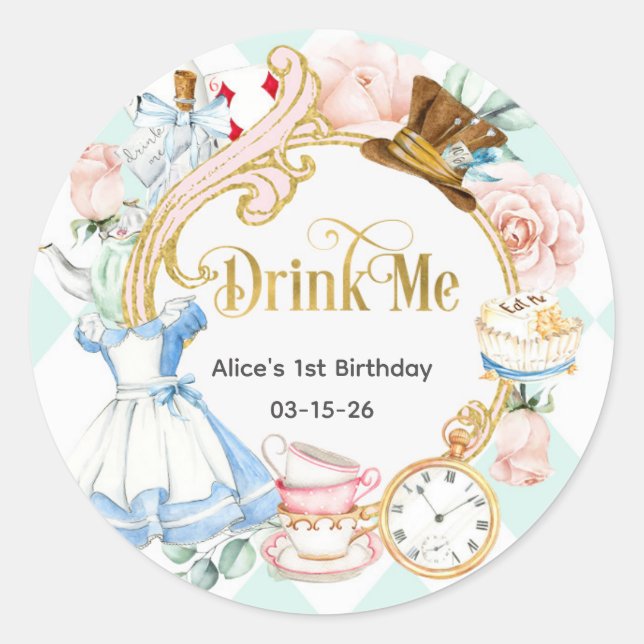 Alice Onederland, Drink Me, girl 1st birthday Classic Round Sticker (Front)