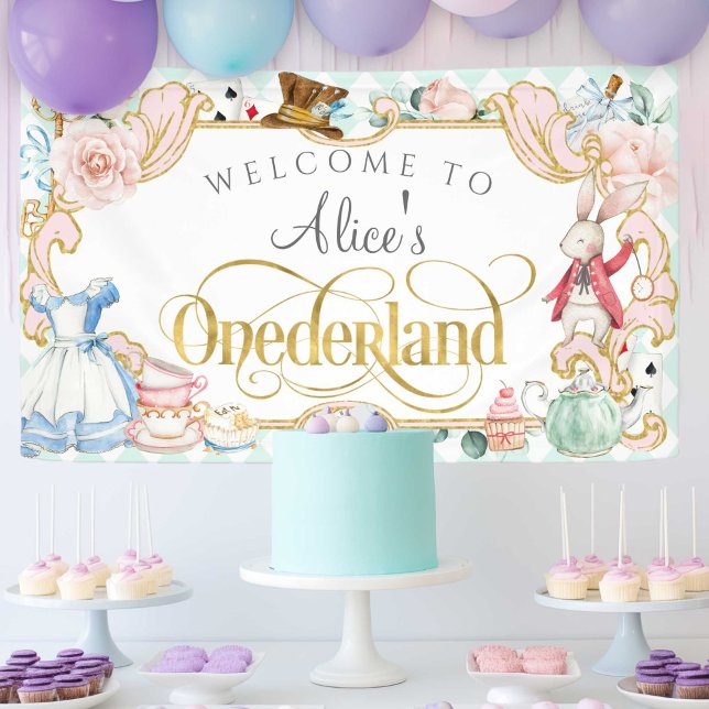 Alice Onederland, Girl 1st birthday, teal Banner (Alice onederland, girl 1st birthday party banner in teal.)