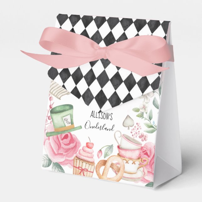 Alice Onederland Mad Tea Party Girl First Birthday Favor Box (Front Side)