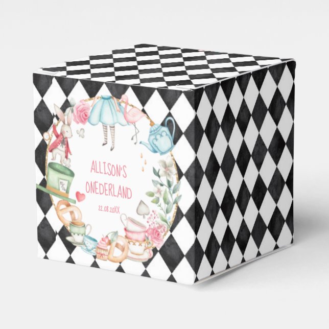 Alice Onederland Mad Tea Party Girl First Birthday Favor Box (Front Side)