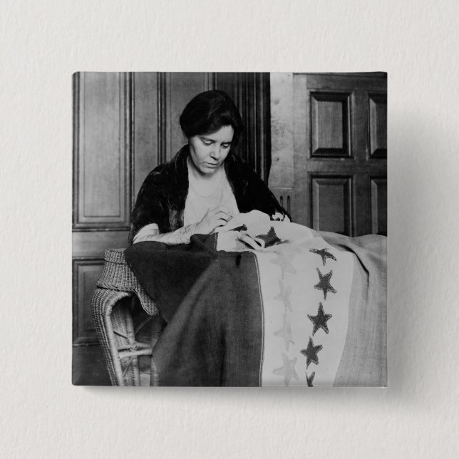 Alice Paul, Sewing Suffrage Flag, 1910s 2 Inch Square Button (Front)
