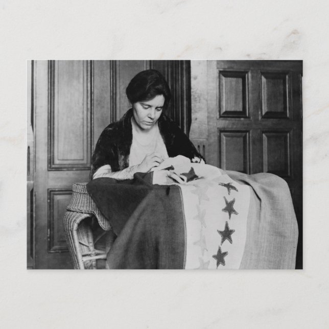 Alice Paul, Sewing Suffrage Flag, 1910s Postcard (Front)