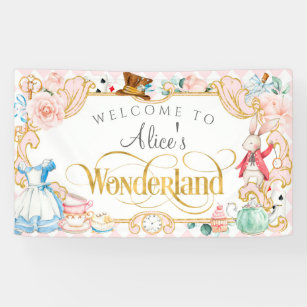 Alice tea party Wonderland mad hatter pink floral Banner