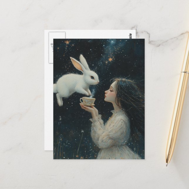 Alice Tea With the Rabbit Fantasy Postcard (Front/Back In Situ)