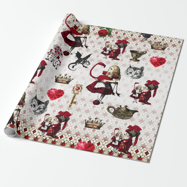 Alice, tenniel, black and red queen of hearts wrapping paper (Unrolled)