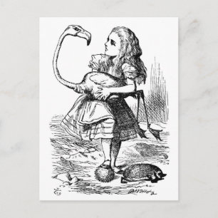 Alice trying to play croquet with a flamingo postcard