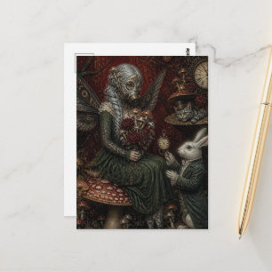 Alice With Grey Hair in Gas Mask With White Rabbit Postcard