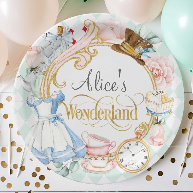 Alice Wonderland mad hatter tea party birthday Pap Paper Plate (Mad hatter, garden tea party, teal, alice wonderland birthday,
)