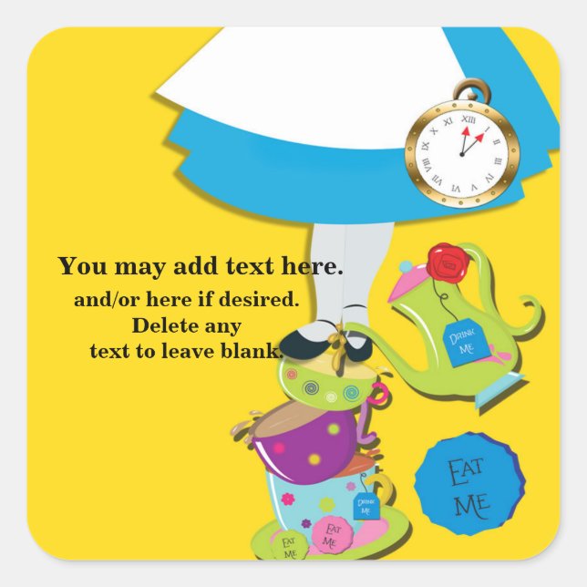 Alice Wonderland Whimsical Tea Cups Yellow Party Square Sticker (Front)
