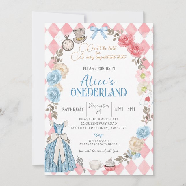 Alice's Onederland, Girl's First Birthday Party Invitation (Front)