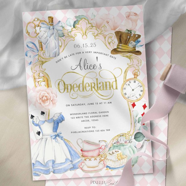 Alice's Onederland mad hatter tea party  Invitation (Alice in Onederland, Pink Girl 1st birthday, Cute birthday invitations.)