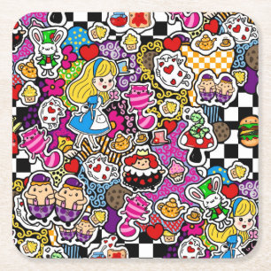 Alice's Wonderland Mad Hatter Tea Party INVITE Square Paper Coaster