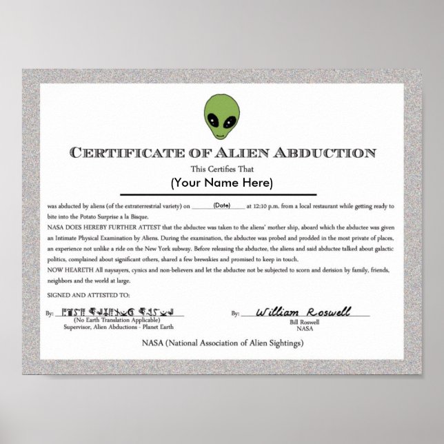Alien Abduction Certificate Poster (Front)