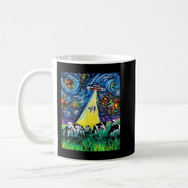 Alien Abduction Cows UFO Starry Night Funny Art by Coffee Mug (Left)