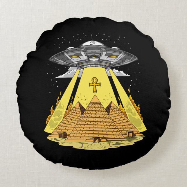 Alien Abduction Egyptian Pyramids Ancient UFO Round Pillow (Front)