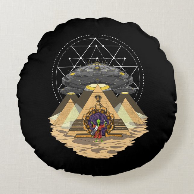 Alien Abduction Space Annunaki Egyptian Pyramids Round Pillow (Front)