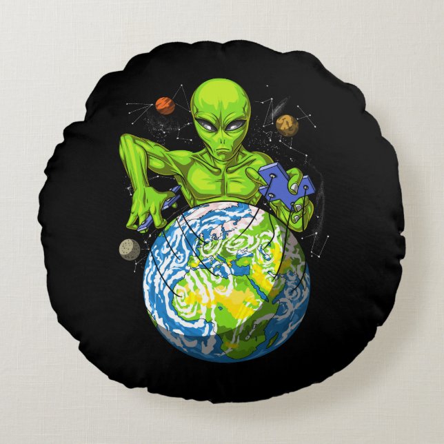Alien Abduction Space Planet UFO Conspiracy Round Pillow (Front)