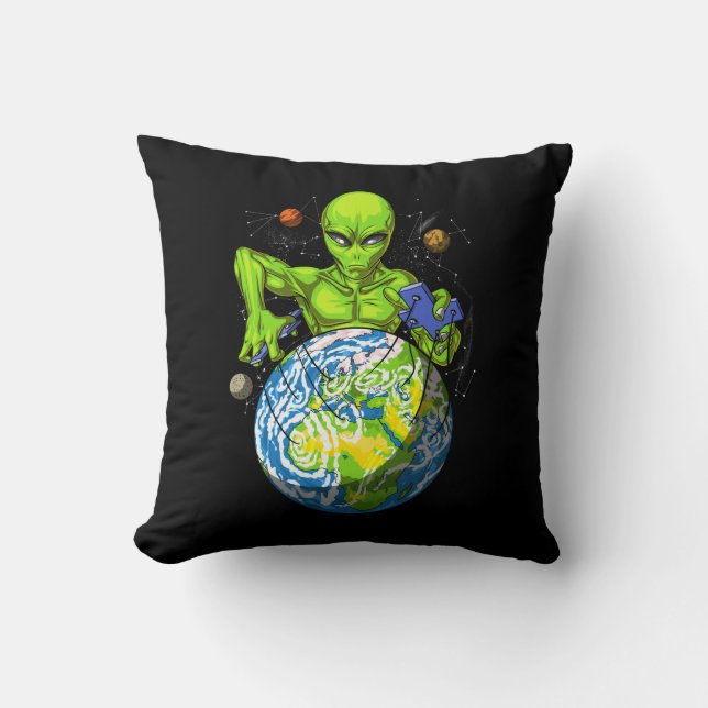 Alien Abduction Space Planet UFO Conspiracy Throw Pillow (Front)