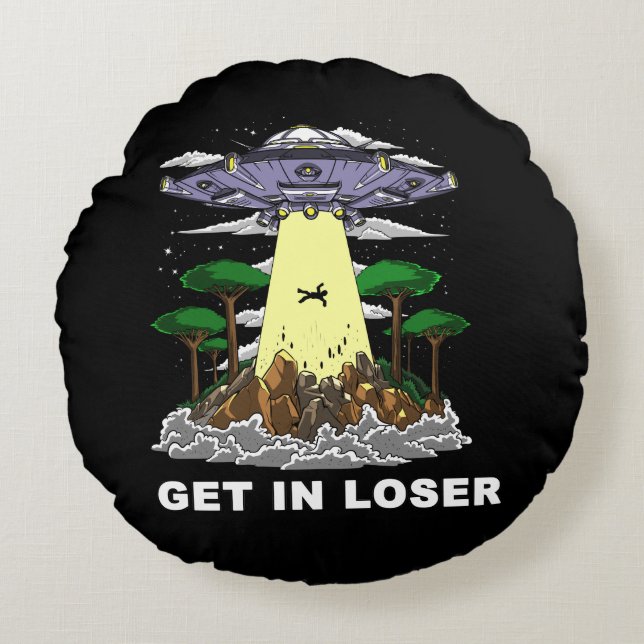 Alien Abduction Space UFO Conspiracy Round Pillow (Front)