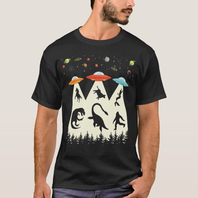 Alien Abduction T-Rex Loch Ness Bigfoot Funny T-Shirt (Front)