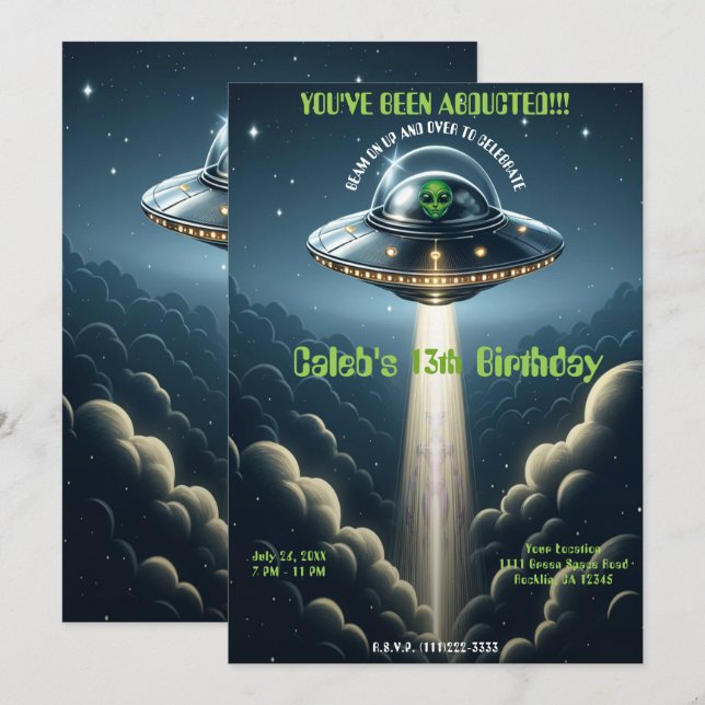 Alien Abduction UFO Blue Clouds Birthday Party Invitation (Front/Back)