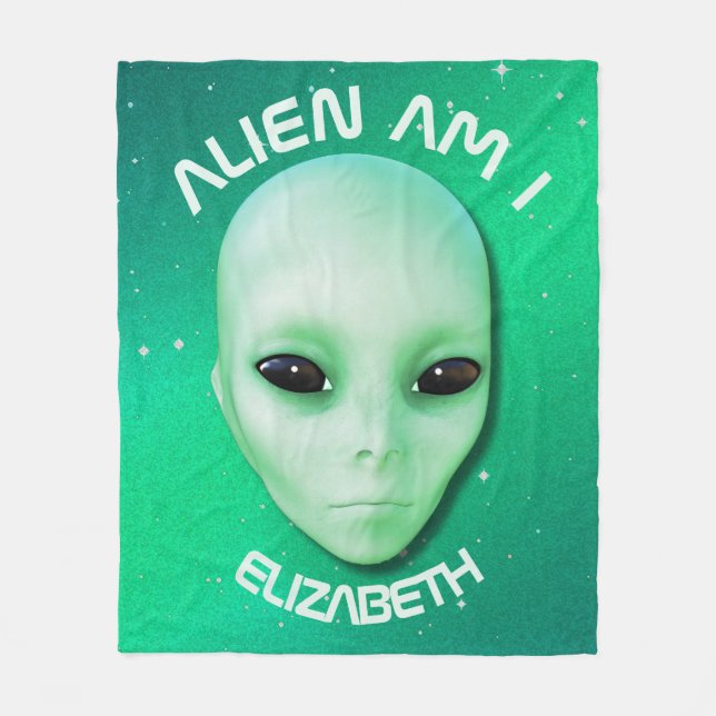 Alien Am I Green Funny Alien Face With Black Eyes Fleece Blanket (Front)