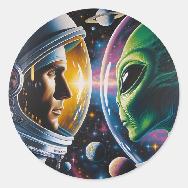 Alien and Astronaut in Space Classic Round Sticker (Front)