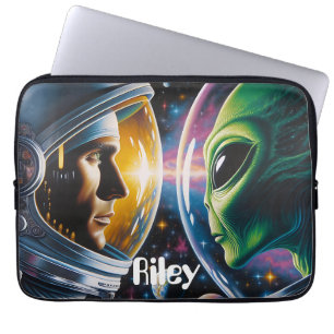 Alien and Astronaut in Space Personalized Laptop Sleeve