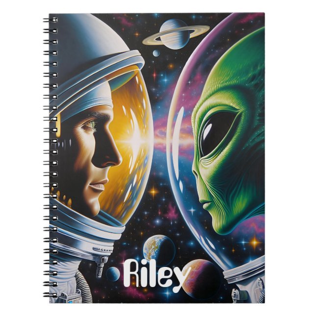 Alien and Astronaut in Space Personalized Notebook (Front)