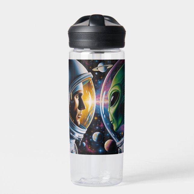Alien and Astronaut in Space Personalized Water Bottle (Front)