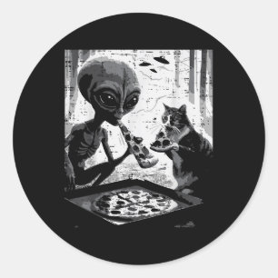 Alien And Cat Eating Pizza Funny Snack Food Men Wo Classic Round Sticker