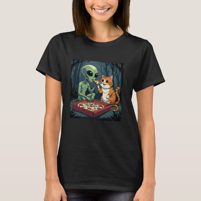 Alien And Cat Eating Pizza T-Shirt (Front)