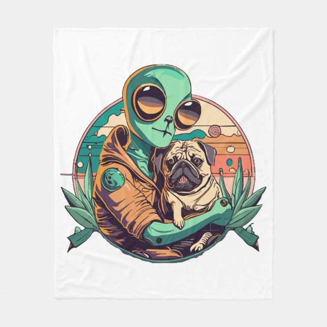 Alien and Pug Fleece Blanket (Front)