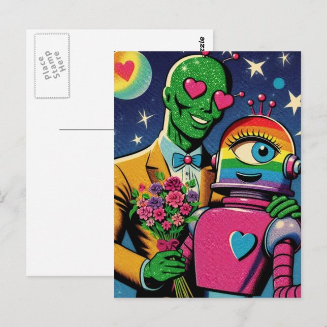 Alien and Robot in Love Retro Comic Postcard (Front/Back)