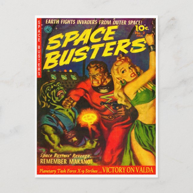 Alien and Spaceman Fighting Over Beautiful Woman Postcard (Front)