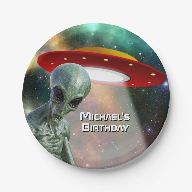 Alien and UFO Personalize Paper Plate (Front)