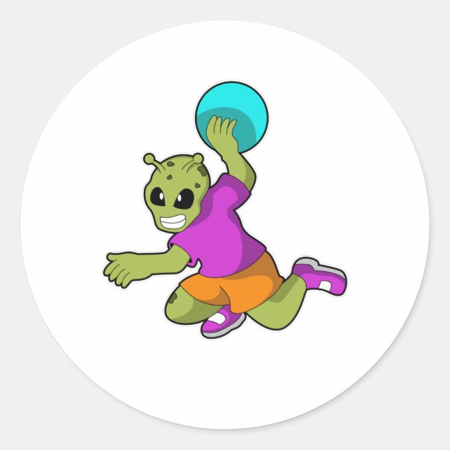 Alien at Handball player with Handball Classic Round Sticker (Front)